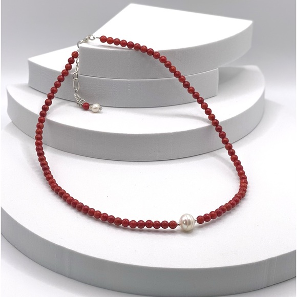 Simple but Beautiful Red Coral and Genuine Pearl Necklace - Picture 7 of 14